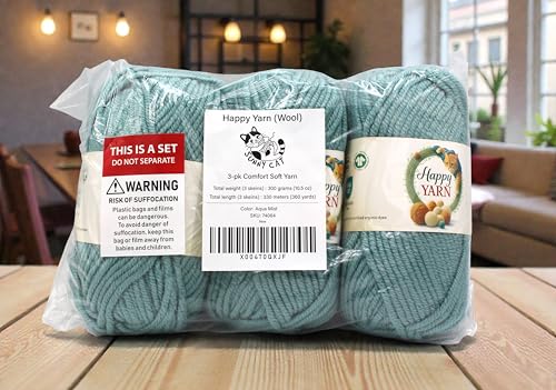 Sunny Cat Happy Yarn 50% Wool Yarn for Knitting & Crochet 3 x 3.5oz/100g, #5 Bulky Weight 3 x 120 Yards Soft Yarn for Sweaters Hats & Scarves Made in Turkey (Aqua Mist 74064) - color: Aqua Mist 74064
