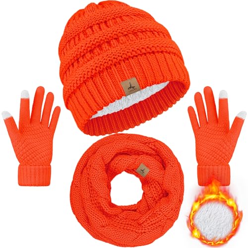 LOROME Winter Beanie Hat Scarf Gloves, Warm Fleece Knit Neck Scarf Set Gift | Hats Gloves Scarf Set, Touchscreen Gloves, Universal Size Neck Scarf Set Winter Gifts for Unisex Adult Winter Wear - color: Fluorescent Orange