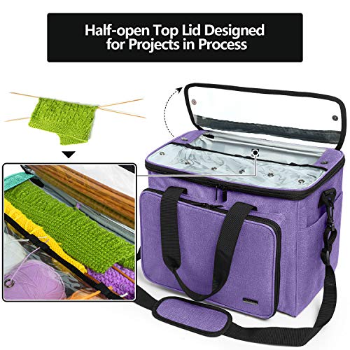 Teamoy Knitting Bag, Yarn Storage Organizer Crochet Bag Tote, Purple | Yarn Holder with Inner Divider(Sewn to Bottom) for Crochet Hook, Knitting Needles(Up to 14"), Project and Crocheting Supplies - color: Purple