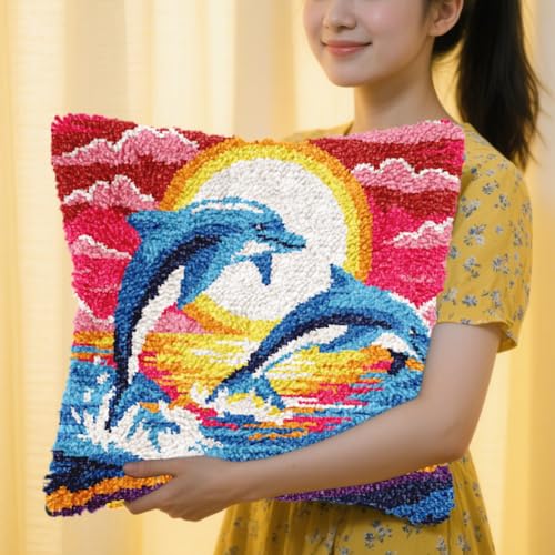 FREEBLOSS 17 x 17 Latch Hook Kits for Adults Beginners Dolphin Pre Printed DIY Crochet and Latch Kits Pillow Cover for Home Sofa Decoration, Includes Instructions