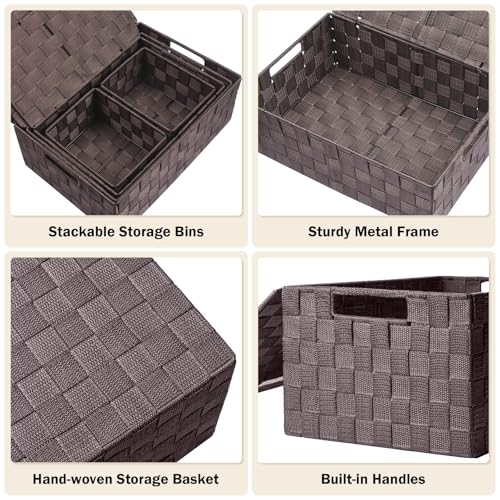 Storage Baskets with Lids: 5 Pack Stackable Woven Storage Bins, Brown | Decorative Woven Baskets for Organizing with Built-In Handles for Shelves, Closets, Cabinets and Cubbies, Gift Small Basket - color: Brown, size: 5pack with Lids
