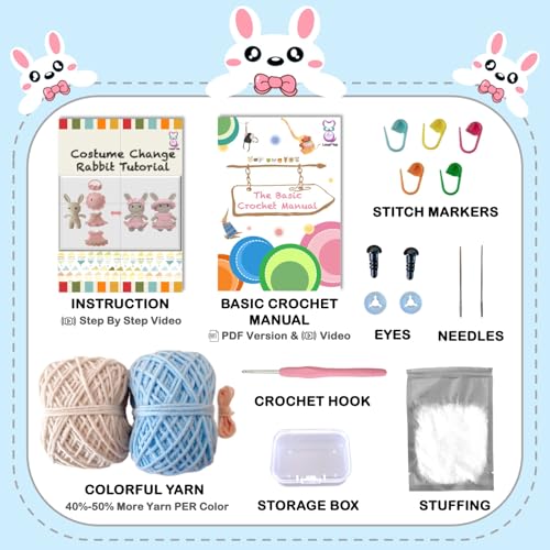 LoopMap Amigurumi Crochet Kit for Beginners with Removable Dress & Video Tutorials, DIY Bunny Making Kit Includes Premium Yarn & Tools, Creative Gift for Adults Teens (Blue) - color: bunny-blue