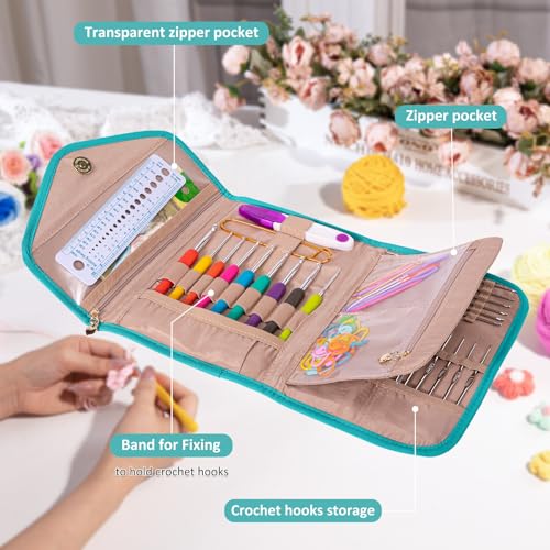 Crochet Hook Case - Foldable Organizer for Knitting & Crochet Supplies - Knitting Accessories - color: Teal, size: 7 Inches