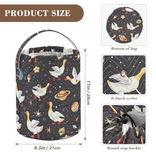 Fustylead Cute Geese in Space with Planets Stars Moon Knitting Yarn Storage Tote Basket, Durable Polyester Large Crochet Drawstring Bag for Crocheting Project, Sewing Supplies, Needles - color: Black02 Geese