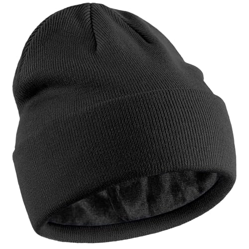 Fleece Lined Wool Beanie Hat Men Women, Warm Cuffed Winter Cap | 50% Wool Thermal Knit, Soft Velvet Fleece Liner, Long Style Full Ear Cover Warm Watch Cap, Tall Roomy Crown Skull Cap - color: Black