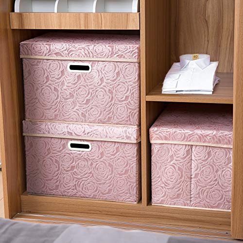 PRANDOM Larger Collapsible Storage Boxes with Lids Fabric Decorative Bins Cubes Organizer Containers Baskets Handles Divider for Bedroom Closet Living Room Pink 17.7x11.8x11.8 Inch 3 Pack - color: Pink, size: Large(3-Pack)