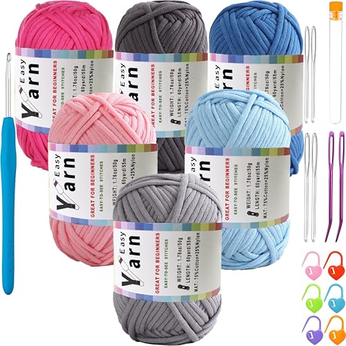 Beginner Easy Yarn Kit for Knitting,Crocheting; Worsted Weight Medium #4; Cotton Blend Yarn for Amigurumi with Tools (Dreamy Sea, 6 Skein) - color: Dreamy Sea