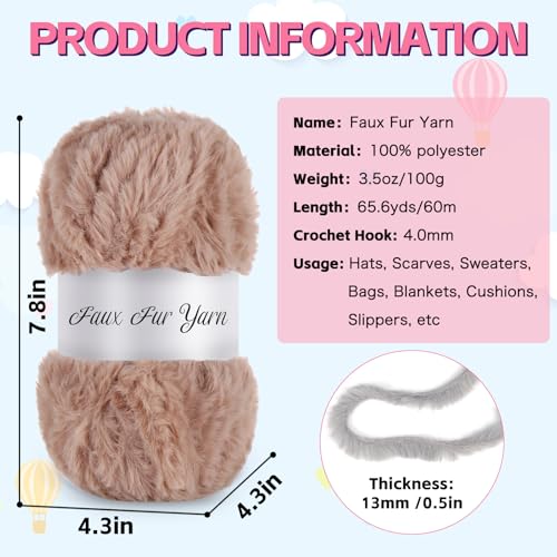 3 Skeins Faux Fur Yarn Soft Fluffy for Crocheting,Chunky Fuzzy Eyelash Yarn for Crochet Hats, Scarves, Bags, Cushions(Khaki) - color: Khaki