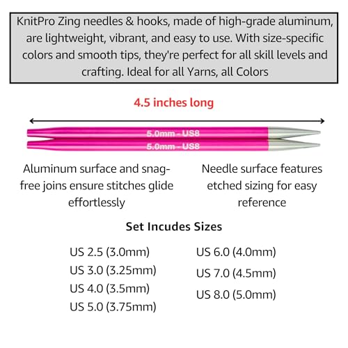KnitPro Zing Midi 5-Inch Interchangeable Circular Knitting Needle Set | US 2.5, 3, 4, 5, 6, 7, 8 Incl. 3 Memory-Free Cables, 2 Connectors, 4 Caps, 2 Keys, Fabric Case, Project Bag