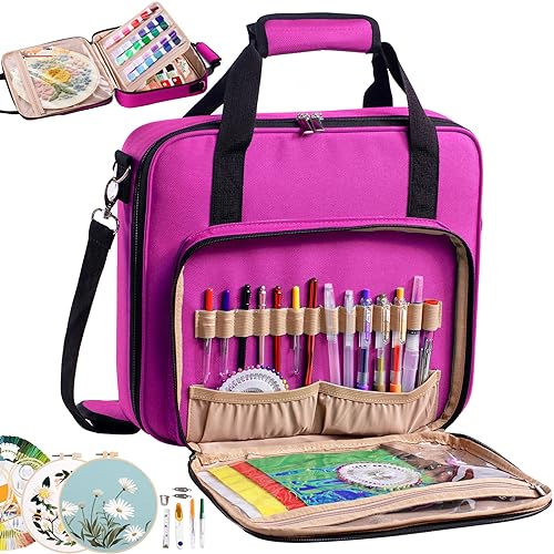 MYBAGZING Large Embroidery Project Bag - Cross Stitch Supplies Organizer - Embroidery Kits Bag - Storage & Organizer for Floss, Loops - color: Power Pink