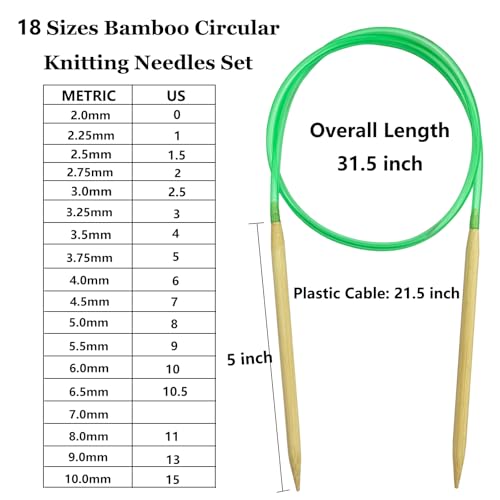 Hobekoee Knitting Needles Set,18 Sizes 2mm-10mm | 36 PCS 9.8" Straight Single Pointed Bamboo Knitting Needles ＆ 18 Pairs 31.5” Bamboo Circular Knitting Needles Set