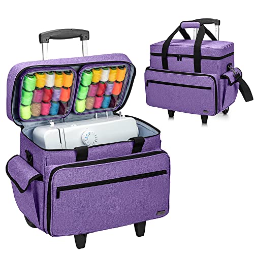 Teamoy Rolling Sewing Machine Case with Wheels, Purple | Compatible with Singer, Brother and Most Majority Machines and Accessories, with Detachable Wheels and Bottom Wooden Pad - color: Purple
