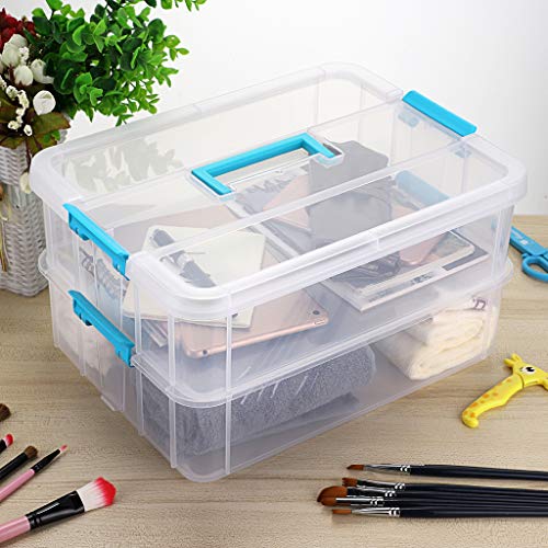 BTSKY 2 Layer Stack & Carry Box, Plastic Multipurpose Portable Storage Container Box Handled Organizer Storage Box for Organizing Stationery, Sewing, Art Craft, Jewelry and Beauty Supplies Blue | Multipurpose Craft Organizers and Storage for Organizing St