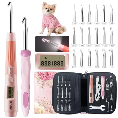 knitly Light Up Crochet Hooks Set with Digital Counter | 18 Size Counting Crochet Hook with 2.0–14.0 mm Interchangeable Hooks, Ergonomic Crochet Kit & Gift for Arthritic Hands