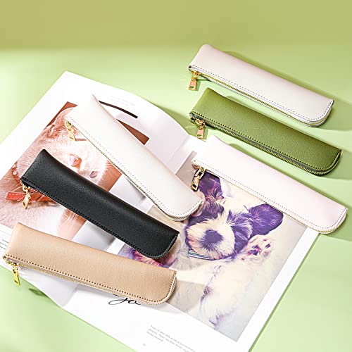 Leather pencil case, Thin soft pen bag, Small pencil case for adults,Senior leather Minimal pencil pouch with zipper.… - color: off white