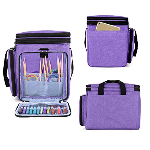 LUXJA Portable Yarn Knitting Storage Tote Bag, Purple | Fits Knitting/Circular Needles Up to 14 Inches, Yarn Bag With Cover & Shoulder Strap for Crochet Hooks & Craft Accessories - color: Purple
