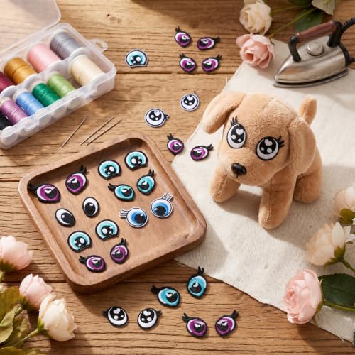 12 Pairs Embroidered Eyes 4 Sizes Colored Felt Craft Doll Eyes with Lashes Decorative Cartoon Eye Sewing Patches for DIY Crochet Animal Making Craft