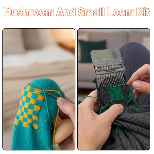 Dovbuqu Mini Darning Loom Kit, Mushroom Knit Patch Set with 14 Hooks and 60 Color Threads, DIY Weaving Repair Tool for Mending Socks, Sweaters, and Creating Decorative Stitches