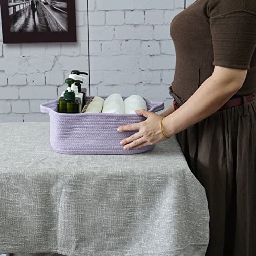 XUANGUO Medium Woven Cotton Rope Storage Basket with Handles, Light Purple | Small decorative rectangle storage bin for baby nursery items and cat toys; ideal as an empty gift basket or dog toy basket - color: light purple