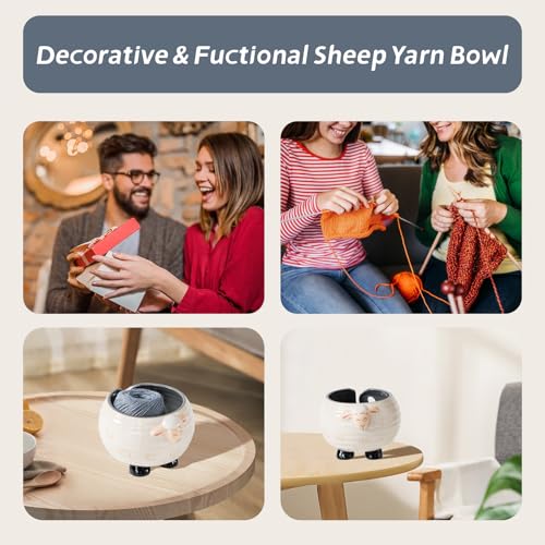 Yarn Bowl for Crochet Large Sheep Shaped Ceramic Yarn Holder Crochet Bowl Knitting Bowl, 6 Inch Wide x 4 Inch High - color: White 086