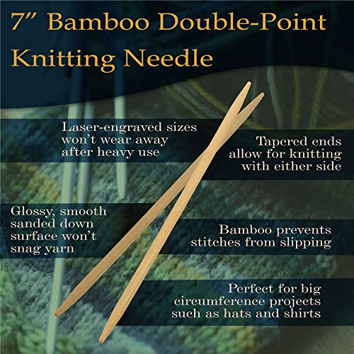JubileeYarn 7" Double Point Bamboo Knitting Needles Set | 15 Sizes: 2mm(US0)-10mm(US15) | 5 Needles/Size | Natural Finish - color: 75 Pcs (15 Size) - Natural, size: 7-Inch