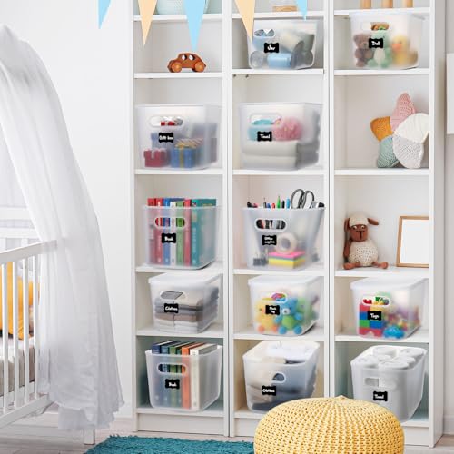 Thyle 12 Pack Translucent Plastic Storage Bins with Lids 7 Quart | Stackable Toy Organizer Boxes with Handles and Labels, Classroom Shelf Bedroom Desktop Storage, School Supplies - color: Translucent