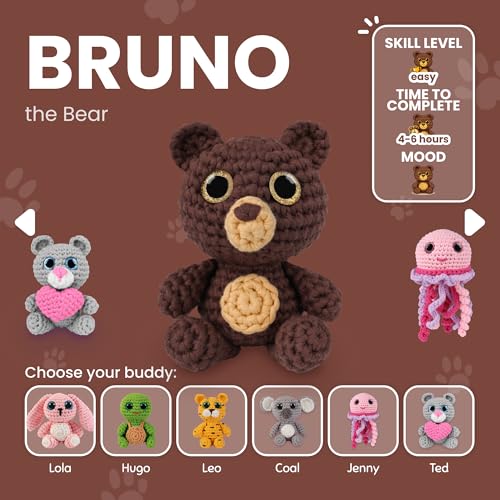 Cookie Box Crochet Kit for Beginners, Bear Bruno | All Materials Included, Step-by-Step Video Tutorials, PDF Patterns, Easy DIY Craft, Amigurumi and Knitting Gift Set - color: Brown