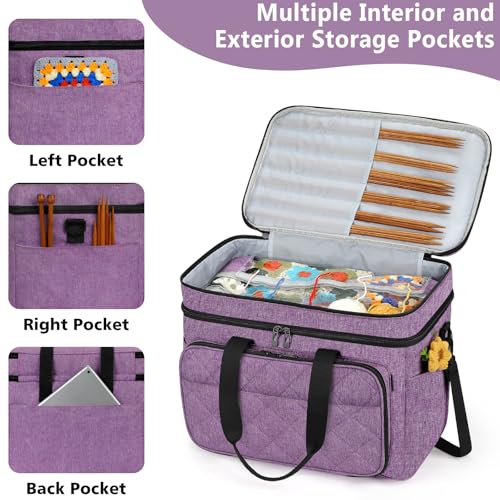 Crochet Organizer Bag with Yarn Holder, Large Yarn Storage for Accessories | 3PCS Crochet Knitting Bag with Accessory Pouch for Hooks, Needles, Travel Tote, Crochet Lovers, Gift for Crafters, No-Tangle - color: Purple