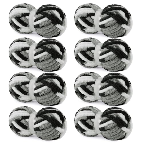 HOMBYS Grey Multi Chunky Chenille Yarn for Hand Knitting,Fluffy Soft Jumbo Yarn Crocheting,Super Bulky Big Yarn for Chunky Blanket,Large Thick Arm Knitting Yarn,8 Pack Plush Yarn - color: Grey Multi