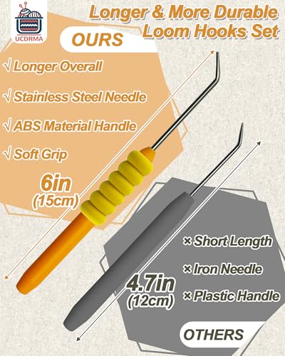 UCDRMA Knitting Loom Hook Refill Set, 8PCS More Comfortable Loom Knitting Hook with Soft Grip, Longer Stainless Steel Loom Crochet Hooks Kit (6in) & 16 Sewing Needles, Great Yarn Loom Knit Tools - color: Random Multi-color (8PC)