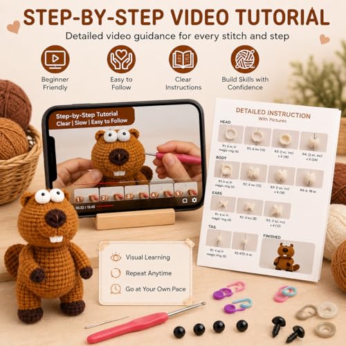 Groundhog Crochet Kit for Beginners with Step-by-Step Video Tutorials, Starters Crocheting Kits for Adult, Animals Knitting Kit for Birthday