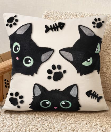 Embroidered Throw Pillow Cover 18x18 Inch, Cat Bone | Decorative Pillow Cover, Whimsical Cushion Case with Hidden Zipper, Cottagecore Decor for Couch, Sofa, Living Room, Bedroom - color: Cat Bone, size: 18" x 18" (Pack of 1)