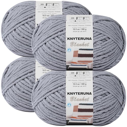 #6 Super Bulky Blanket Yarn for Crocheting - 4 Skeins(Each 10.5oz/300g, 220yds/201m), Chunky Chenille Thick Plush Big Soft Yarn for Crocheting Knitting Blankets, Light Grey - color: Light Grey