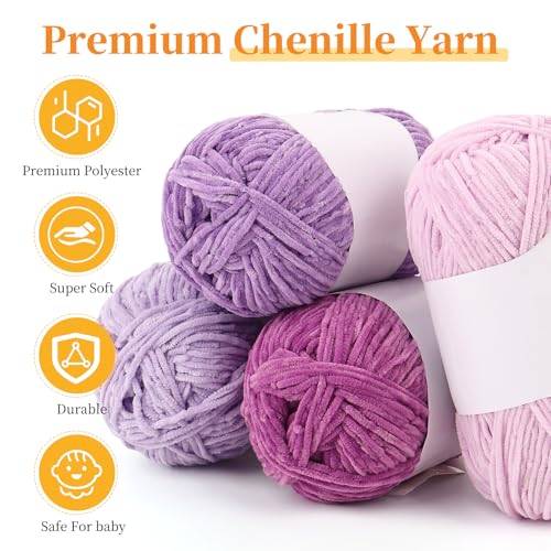 Coopay Skinny Chenille Yarn for Crocheting & Knitting, Purple Gradient | Crochet Yarn Set - 600g Total, Velvet Yarn for Colorful Crafts, Blankets, Plush Dolls, Decorative Handmade Works - color: Purple Tones, size: #2 Thin