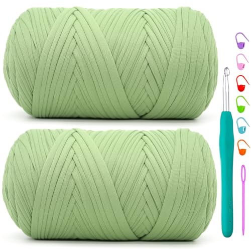 2 Pack Tshirt Yarn for Crochet,Green T Shirt Soft Elastic Fabric Chunky Thick T-Shirt Crochet Yarn for Crocheting Knitting Beginner Hand Knitting Bag/DIY Craft/Home Decor 2 * 400G-Avocado Green - color: Avocado Green, size: 2 PACK