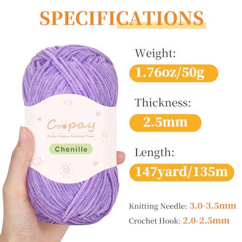 Coopay Skinny Chenille Yarn for Crocheting & Knitting, Purple Gradient | Crochet Yarn Set - 600g Total, Velvet Yarn for Colorful Crafts, Blankets, Plush Dolls, Decorative Handmade Works - color: Purple Tones, size: #2 Thin