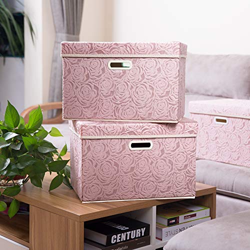 PRANDOM Larger Collapsible Storage Boxes with Lids Fabric Decorative Bins Cubes Organizer Containers Baskets Handles Divider for Bedroom Closet Living Room Pink 17.7x11.8x11.8 Inch 3 Pack - color: Pink, size: Large(3-Pack)