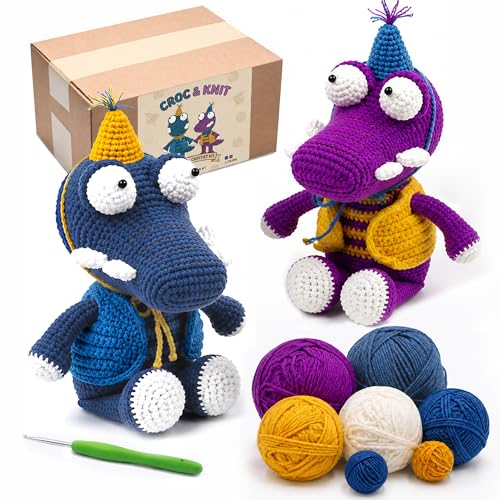 Crochet Kit for Beginners, DIY Crochet Amigurumi Craft Kit (Purple+Blue) | Easy Crochet & Knitting Starter Set with Cotton Yarn & Step-by-Step Instructions, Learn to Crochet Kits for Adults Beginner - color: Purple-blue Crocodile