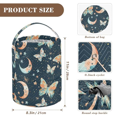 Fustylead Watercolor Hand Draw Butterflies and Moon Stars Yarn Crochet Tote Basket, Large Knitting Drawstring Organizer Yarn Storage Bag for Crocheting Project, Sewing Supplies, Yarn Balls, Needles - color: Blue07 Butterflies