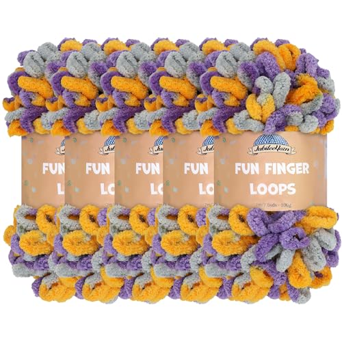 JubileeYarn Fun Finger Loops Yarn - 100g/Skein Jumbo Polyester Team Spirit - Purple Grey Yellow - 5 Skeins - color: 028 Purple Grey Yellow