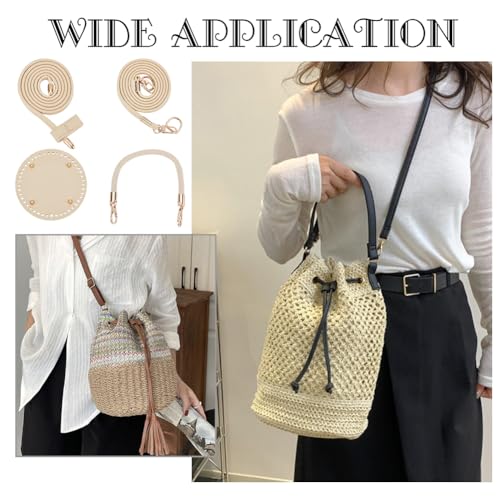 WADORN DIY Handbag Making Kits, Handmde Crochet Knitting Bucket Tote Bag Making Accessories Include Round PU Leather Bag Bottom Bag Shoulder Strap Braided Leather Handle Strap and Drawstring Strap - color: Round Bottom Kit
