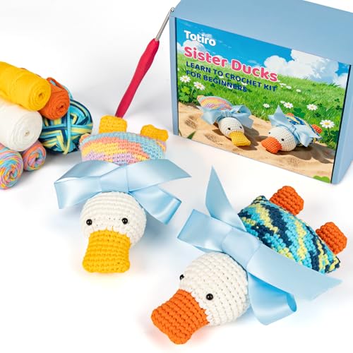 Totiro Crochet Kit for Beginners, Ducks Amigurumi Starter Kit, Easy DIY Craft Set with Step-by-Step Video Tutorials, 2 Pack Animal Crochet Pattern Learning Kit for Teens Adults Birthday Gift - color: Sister Ducks