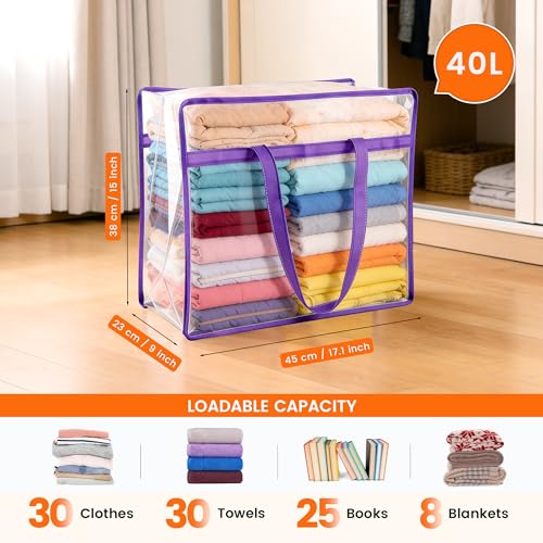 8 Pack 40L Clear Storage Bags with Zipper Large Opening for Loading | Purple Storage Bag for Blankets and Clothes, Large Capacity Closet Organizers and Storage for Dormitory, Bedroom - size: 8 PACK