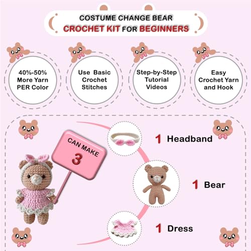 LoopMap Amigurumi Crochet Kit for Beginners with Removable Dress & Video Tutorials, DIY Bear Making Kit Includes Premium Yarn & Tools, Creative Gift for Adults Teens (Pink) - color: pink, style: Bear K01