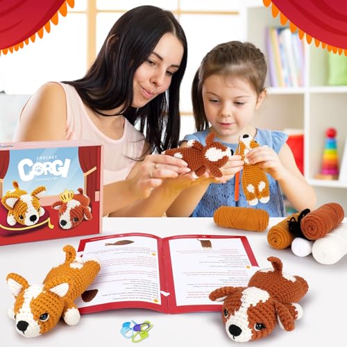 Fortuning's JDS Crochet Kit for Beginners, 2 PCS Corgi Crochet Kits | w/ Step-by-Step Video Tutorials, Beginner Crochet Kit for Adults, Crochet Animal Kit, Dog Knitting Kit Gifts Valentine's Day - color: Brown Yellow Corgi Set
