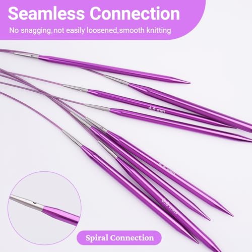 Hobekoee 13 Pairs Interchangeable Circular Knitting Needles Set | 3mm-10mm Interchangeable Aluminum Round Knitting Needles Set with 4 Memoryless Cables for DIY Knitting Lovers - color: Purple