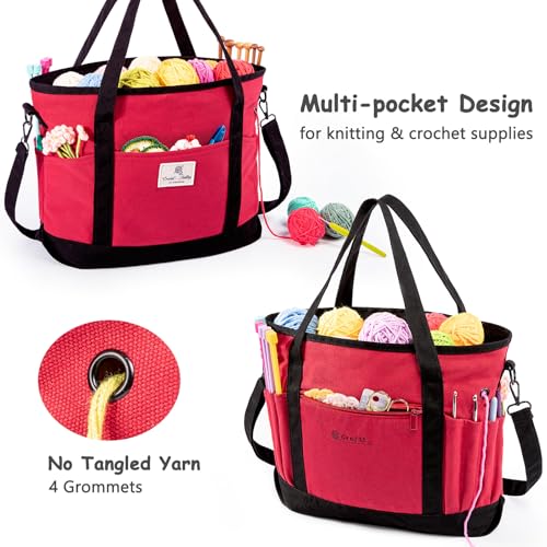 Canvas Yarn Storage Organizer Bag Washable Crochet Bag with Pockets for Yarn, Hooks, Needles – Travel Knitting Tote for Crafters – Gift for Crocheters & Knitters (Medium/Large) - color: Red, size: Large-15”