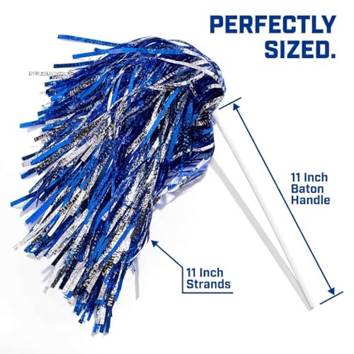 Metallic Blue & Silver Foil Textured Cheerleader Pom Poms- Pack of 10 | Anderson's Metallic Pom Pom School Spirit Shakers, Football, Basketball, Homecoming, Team Party, Performance, Fan Celebration - color: Blue & Silver Foil
