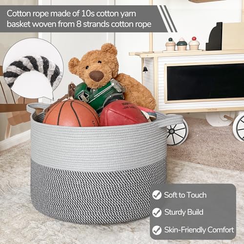 INDRESSME XXXLarge Woven Rope Blanket Basket Living Room Grey, 90L | 21.7" x 13.8" Storage baskets for toys laundry & pillows. Fits living room, bedroom or nursery décor. Soft-touch with handles - color: Light & Dark Grey, size: 21.7"D x 13.8"H