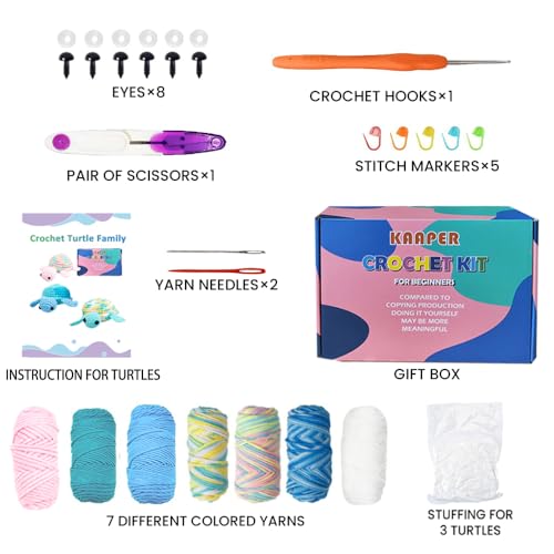 Kaaper Crochet Kit for Beginners Adults, Beginner Crochet Animal Kit Turtles Family Kit 3 pcs, Crochet Starter Kit & Knitting Supplies with Step-by-Step Video (Turtles Family) - color: Turtles Family